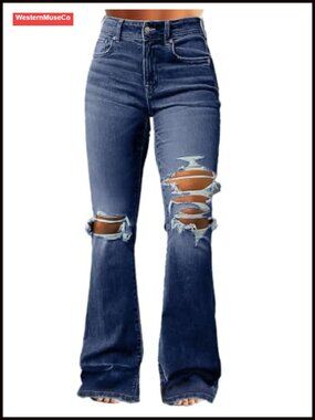 Mid Rise Flare Bootcut Ripped Distressed Stretch Denim Jeans